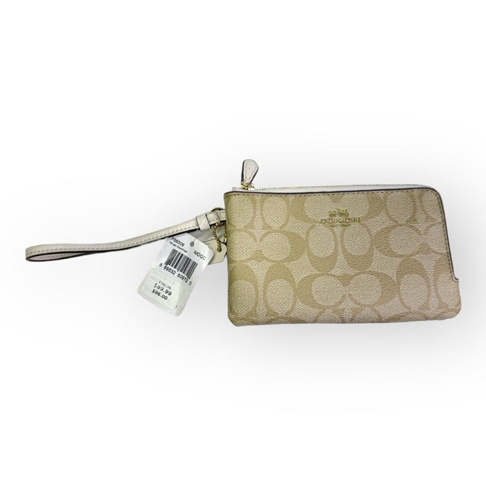 NWT Coach F66506 Signature PVC Double Corner Zip Wristlet Light Khaki/Saddle